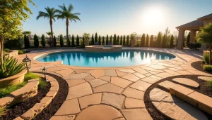 Enhance your backyard’s appeal with beautiful hardscapes & pools featuring intricate stonework and vibrant landscaping.