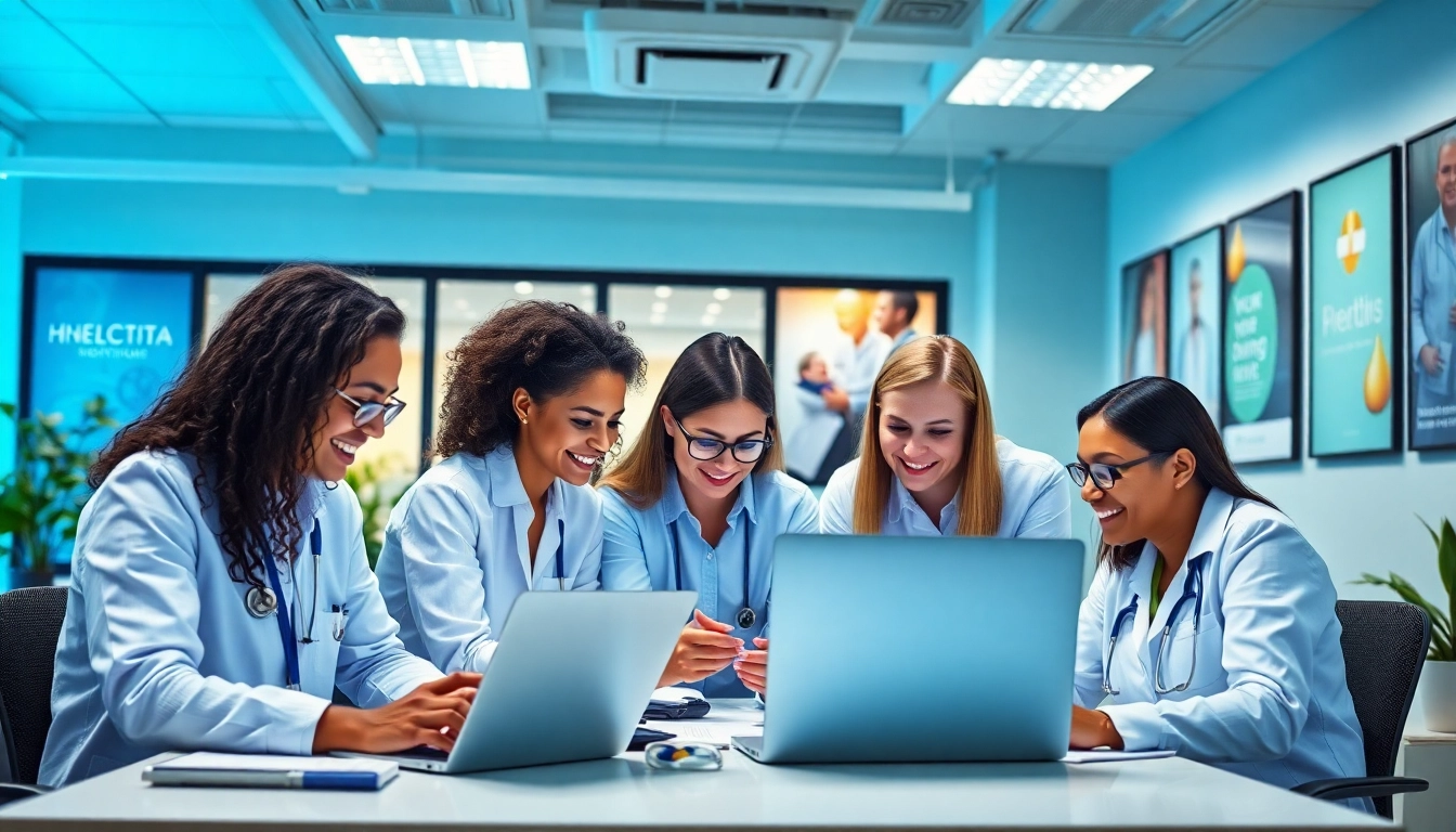 Boost your pflegemarketing efforts with a dynamic team collaborating in a modern healthcare office setting.