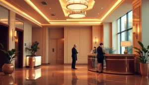 Hotel management concierge welcoming guests in an elegant lobby atmosphere.