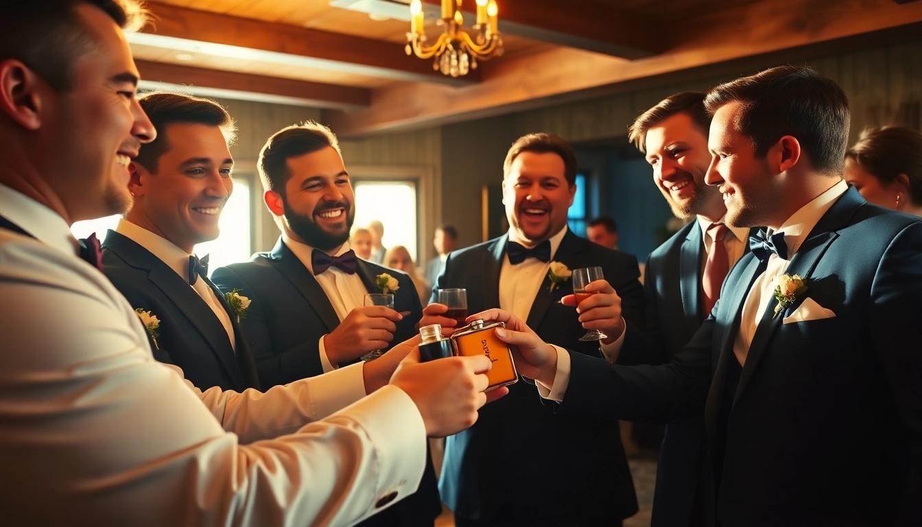 Groomsmen joyfully receiving cheap groomsmen gifts during a wedding celebration.