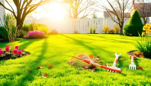 Spring clean up in action with vibrant leaves being raked and fresh flowers emerging.