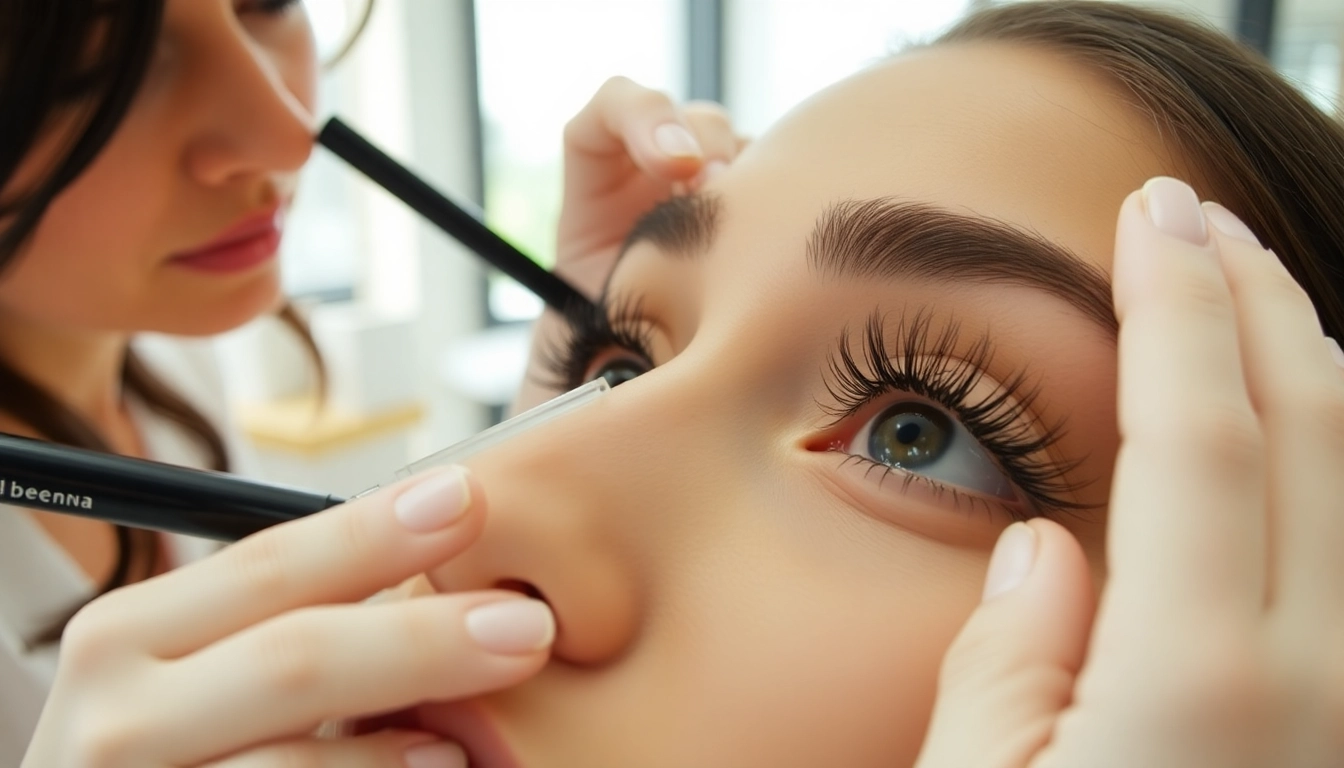 Transform eyelashes with an ellebeena lash lift showcasing a beautician applying care techniques.