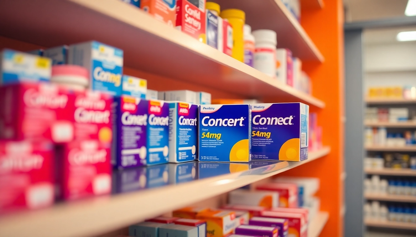 Find where to buy Concerta 54mg without prescription easily from a colorful pharmacy shelf.