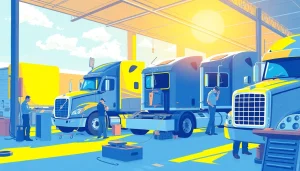 Best truck repair service in Florida providing professional mechanics fixing semi-trucks in a bright, busy environment.