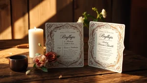 Create a stunning bryllups invitation with unique floral designs and elegant typography on textured paper.