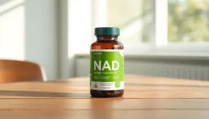 Enhance your energy with a premium NAD supplement displayed elegantly on a wooden surface.