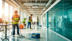 Professional team conducting Jacksonville commercial cleaning in a bright, organized office space.