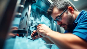 Technician performing ice machine repair in a commercial kitchen environment.