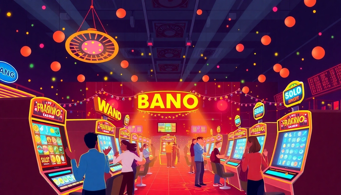 Spin สล็อต777 slot machines with colorful lights and players enjoying the casino excitement.