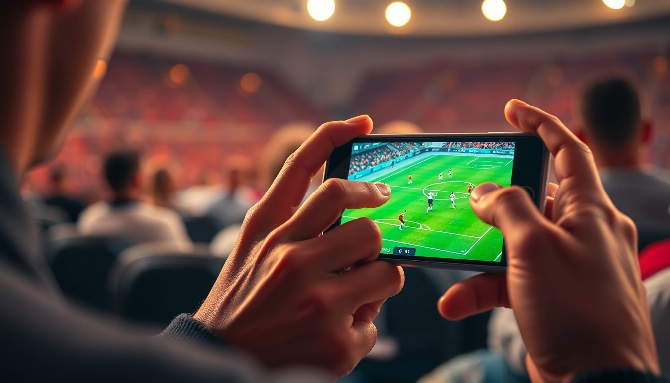 Watch เว็บดูบอล live on a smartphone, enjoying the excitement of the game with a cheerful atmosphere.