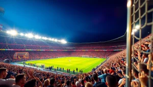 Analyze วิเคราะห์บอล predictions in a bustling soccer stadium atmosphere with enthusiastic fans.