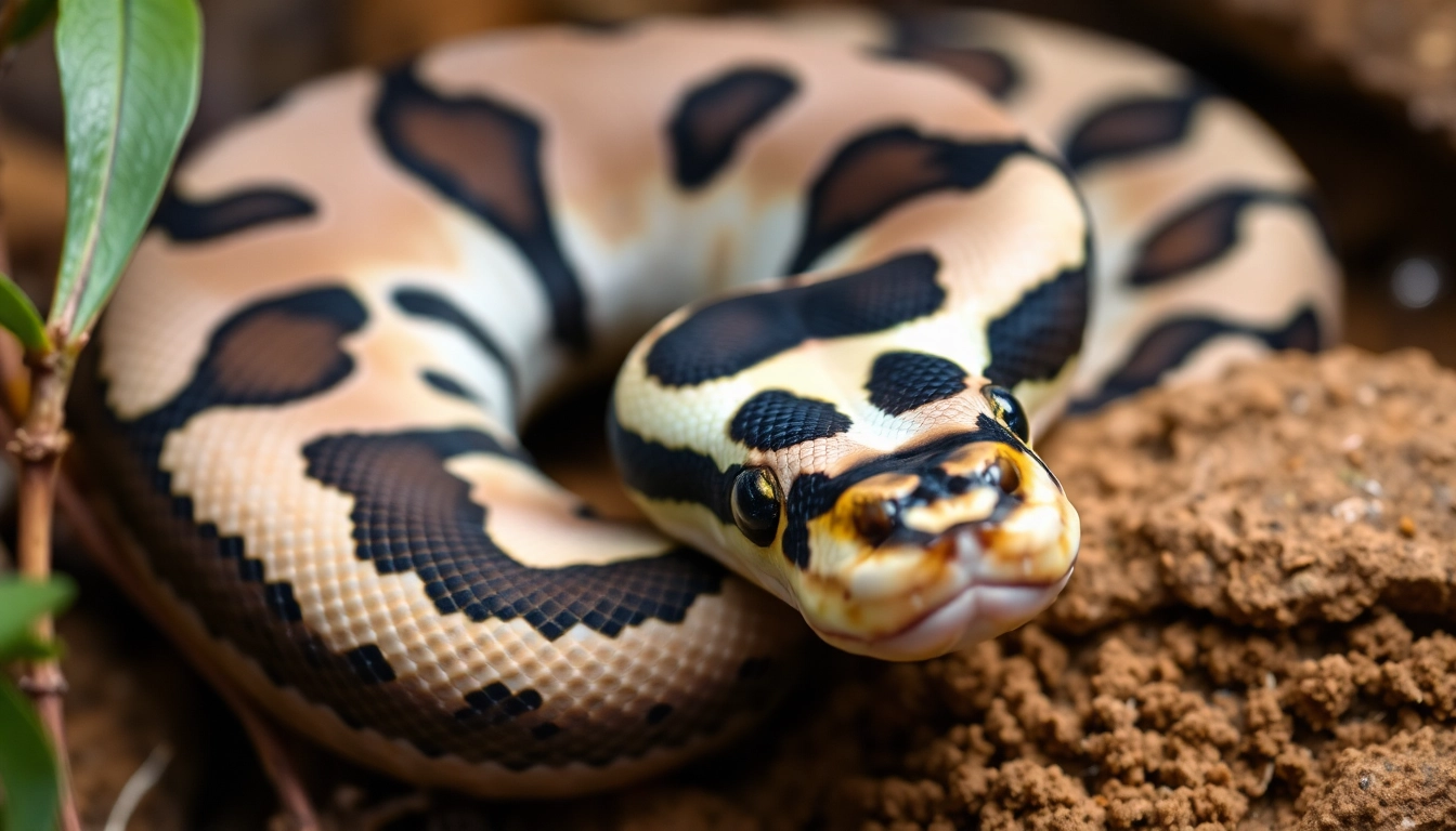 Beautiful panda pied ball python for sale, showcasing its striking patterns and color contrast against a natural background.