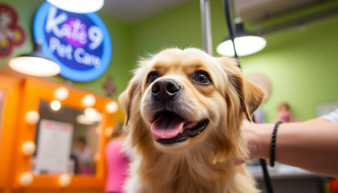 Grooming a friendly pup at Kate's K9 Pet Care, showcasing expert care and a welcoming environment.