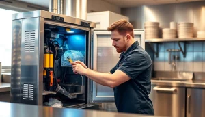 Technician performing ice machine repair in a commercial kitchen, ensuring optimal functionality.