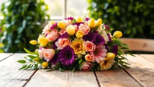 Beautiful arrangement of Irvine flowers in vibrant colors on a rustic table.