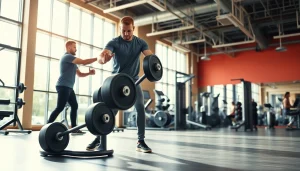 Strength Training Personal Trainer Downtown Jersey City guiding a client through a lifting exercise in a modern gym.