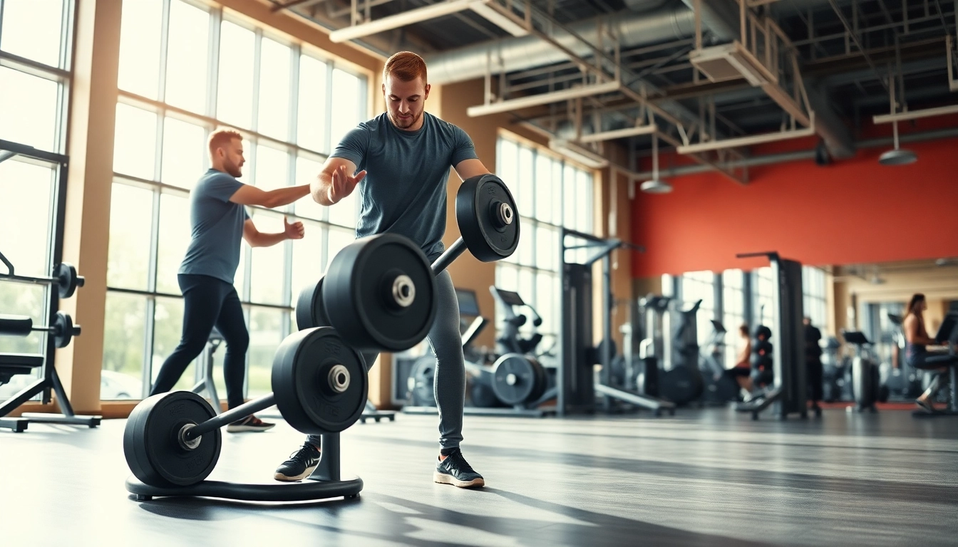 Strength Training Personal Trainer Downtown Jersey City guiding a client through a lifting exercise in a modern gym.