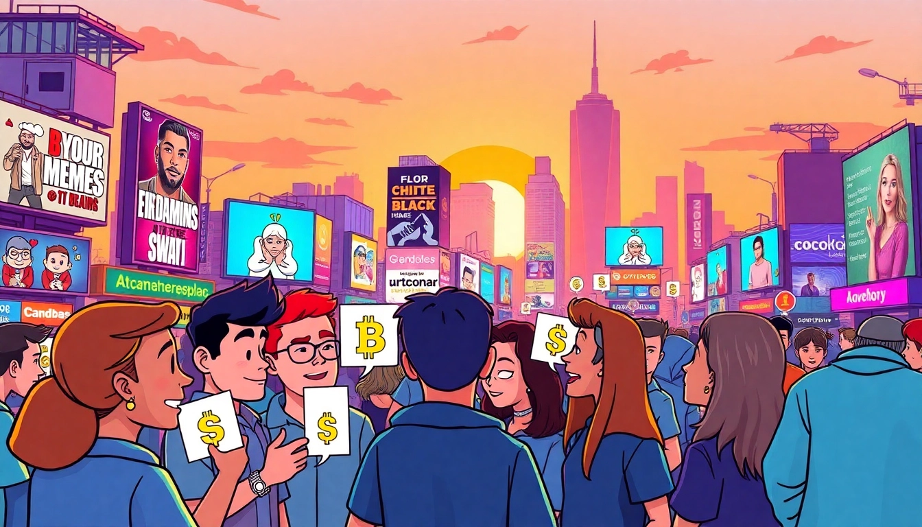 Engage with meme culture crypto through animated characters in a vibrant digital marketplace.
