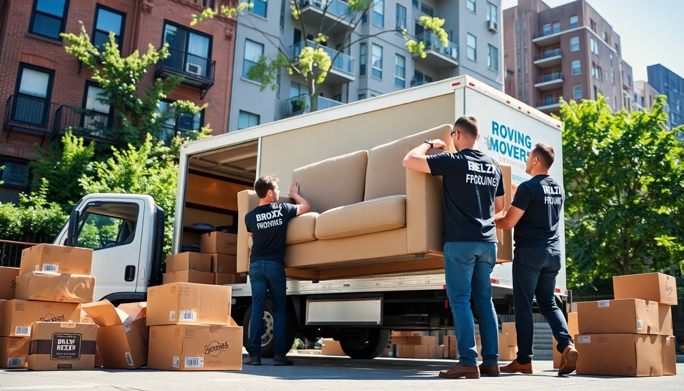 Bronx movers loading a couch into a moving truck in a vibrant urban residential area.