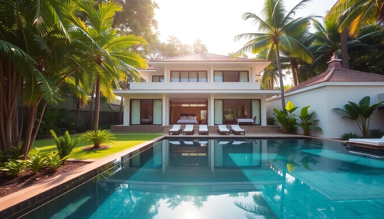 Real estate agent Phuket showcasing a stunning luxury villa with a private pool amidst tropical plants.