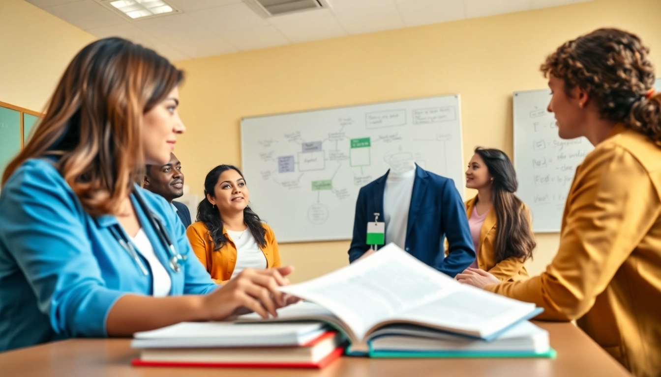 Nursing theory concepts being discussed in a vibrant classroom with students engaged.
