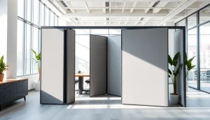 Adjustable folding partition wall enhancing workspace functionality in a modern office.