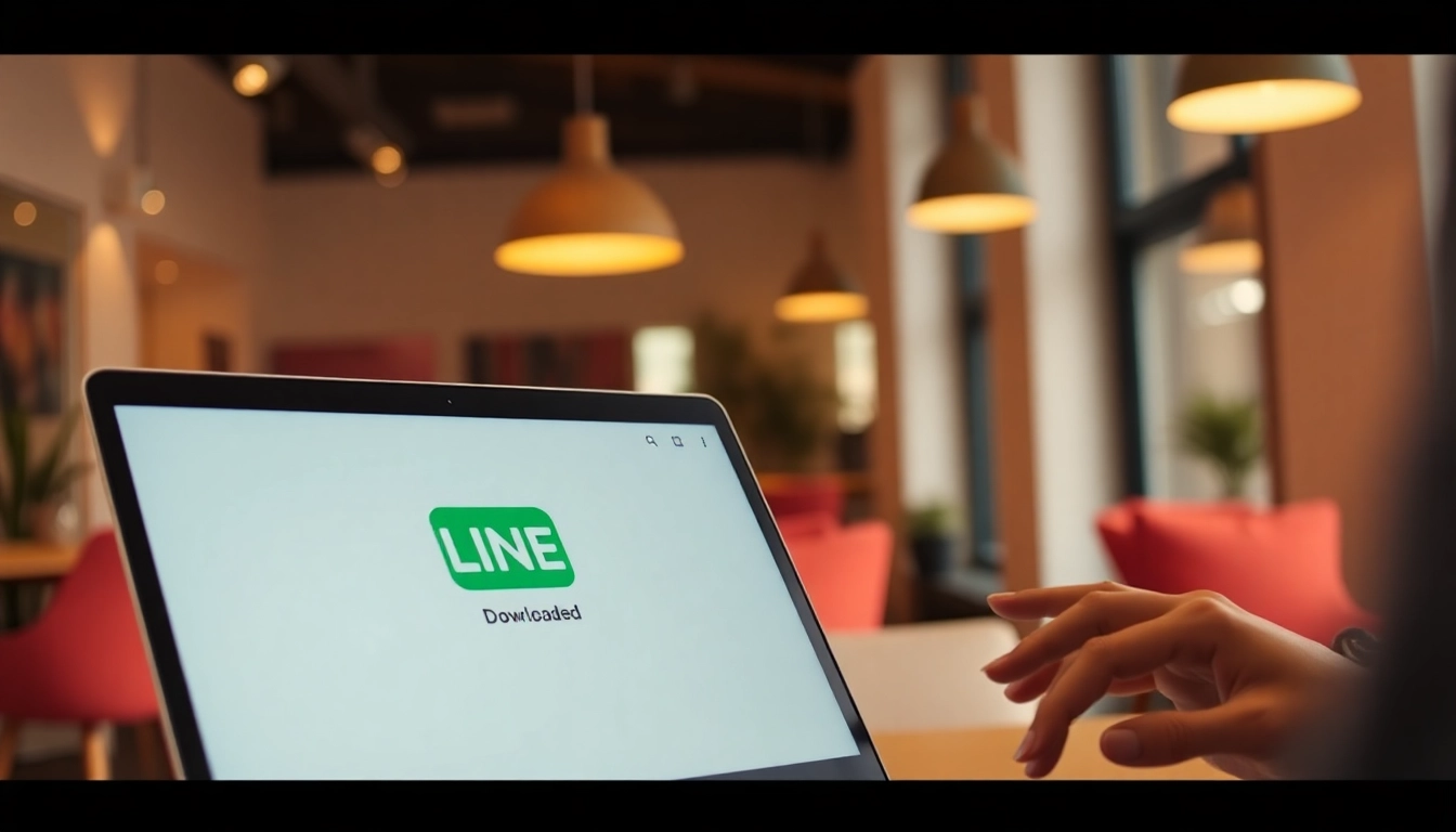 Person using line電腦版下載 on a laptop in a bright, modern workspace.