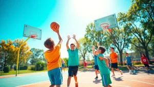 Young basketball enthusiasts practicing skills on an outdoor court, showcasing their energy and teamwork.