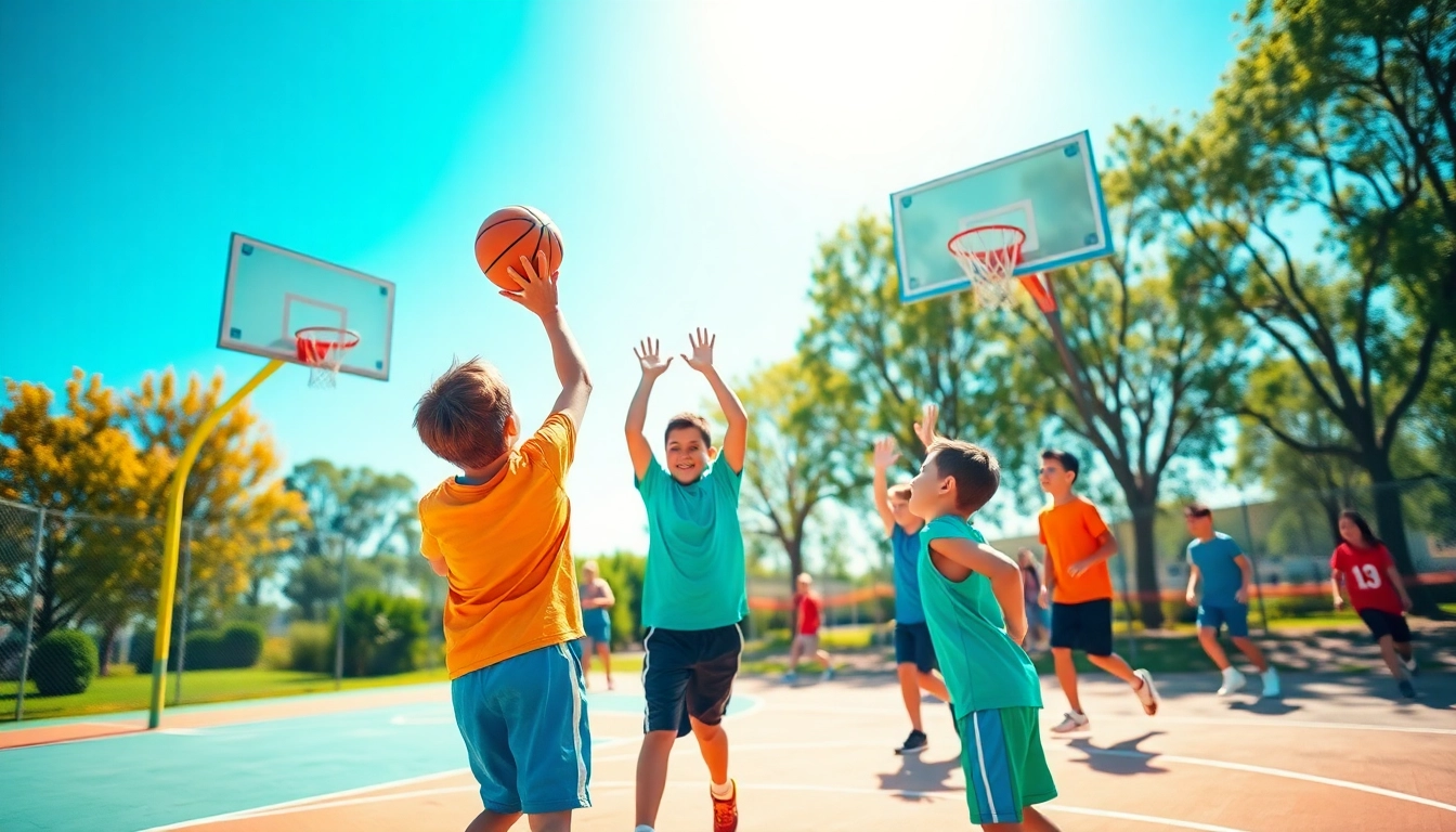 Young basketball enthusiasts practicing skills on an outdoor court, showcasing their energy and teamwork.