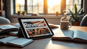 Engaging digital workspace featuring Reverbtime Magazine on a tablet with a cozy coffee cup.