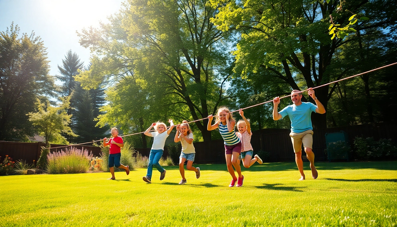 Happy family using a ZIP WIRE KIT in their backyard for fun and adventure.