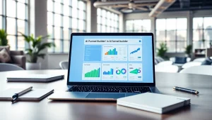 Create a funnel with AI funnel builder on a sleek laptop in a bright, modern office.