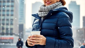 Model showcases a stylish puffer jacket for women against a winter urban backdrop.