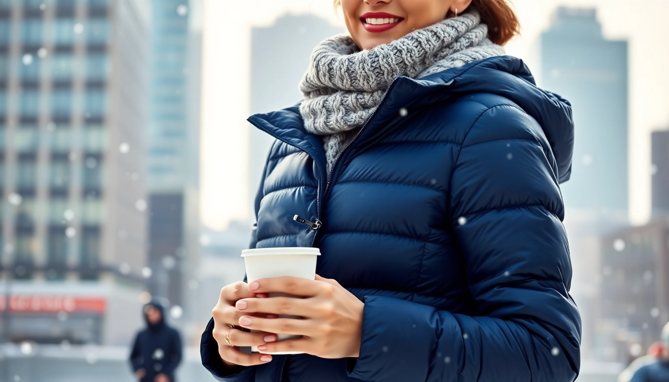 Model showcases a stylish puffer jacket for women against a winter urban backdrop.
