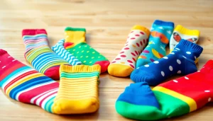 Brightly colored 5 Pairs Mixed Socks with playful designs elegantly displayed on a wooden surface.