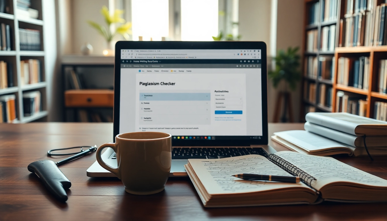 Utilize a plagiarism checker in a productive writing workspace with coffee and notes.