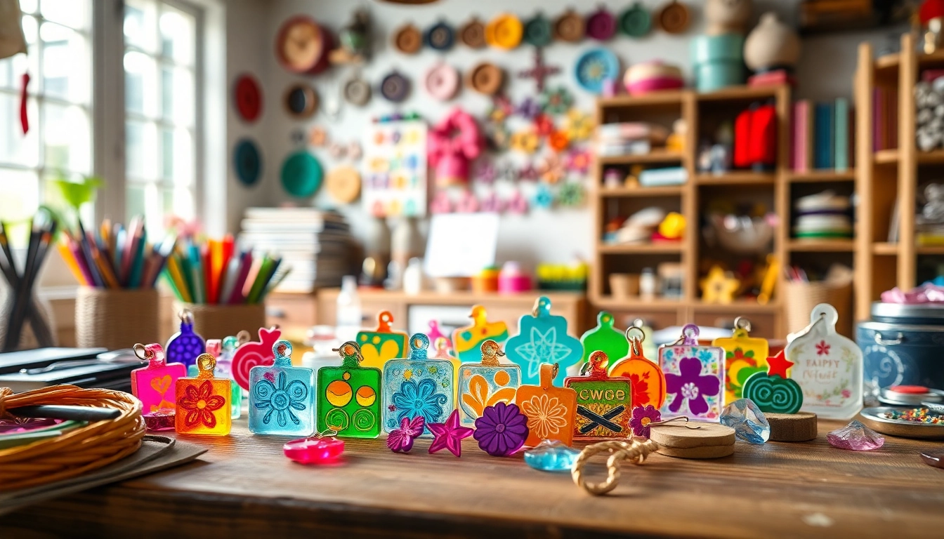 Showcase vibrant acrylic charms with unique designs on a colorful craft table in a bright artisan studio.