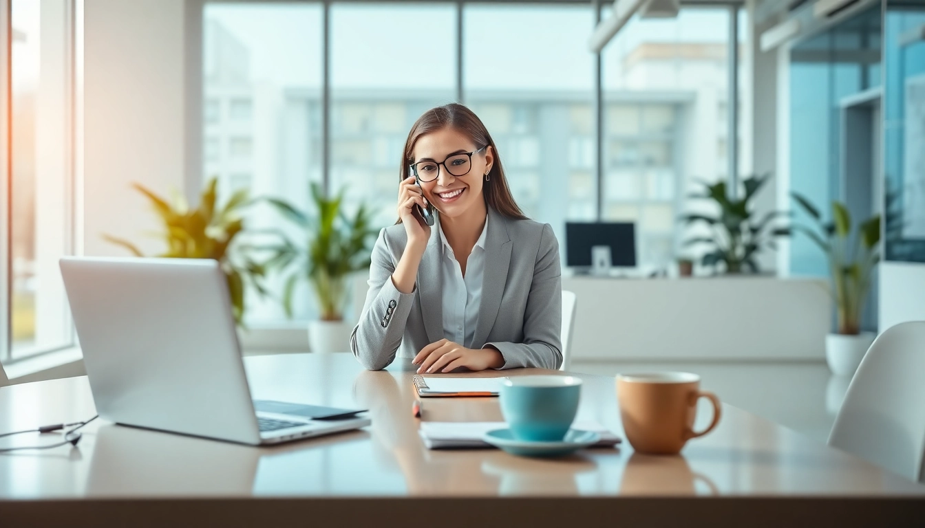 Engaging scene of Phone Answering Calls at a modern office with a friendly receptionist.