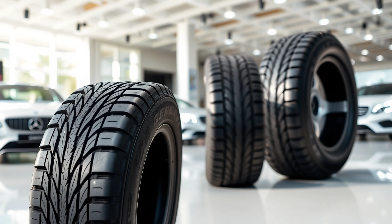 Showcasing high-quality General tires with detailed tread in a modern showroom setting.