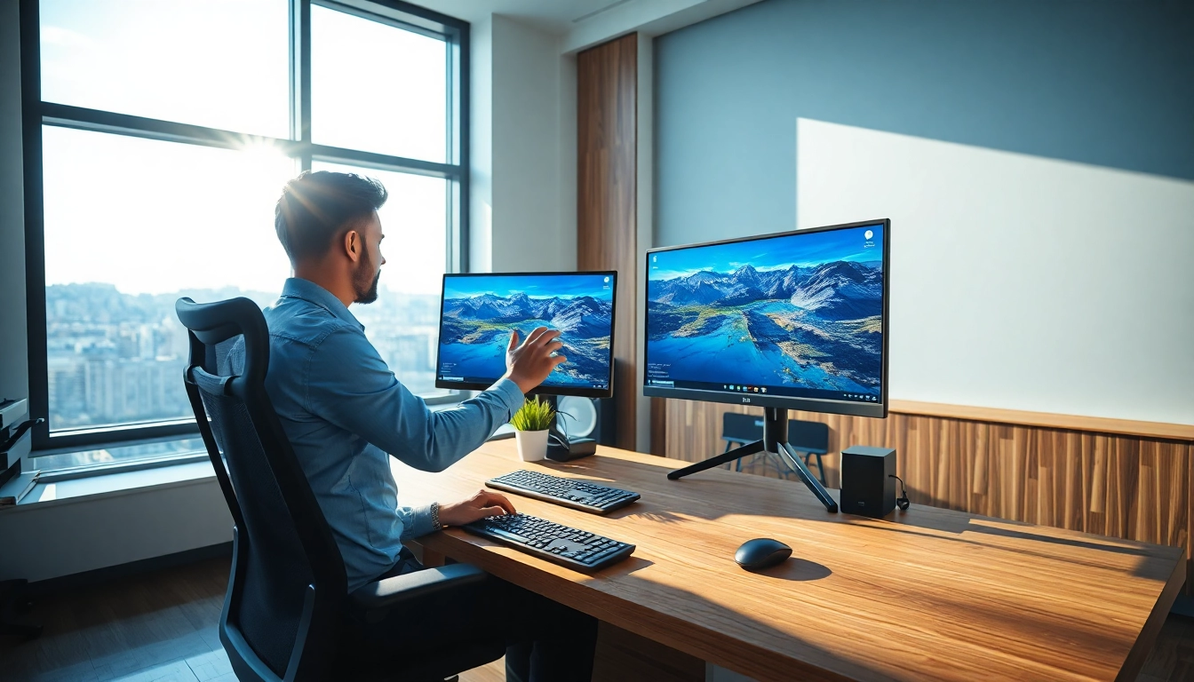 Engaged user exploring virtual desktop features in a modern workspace with vibrant screens.