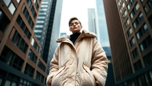 Model showcasing Oversize Puffer Jacket in urban chic style with oversized pockets and soft fabric.