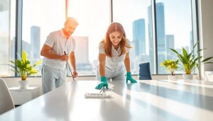 Expert cleaners performing office cleaning Melbourne services in a bright modern workspace.