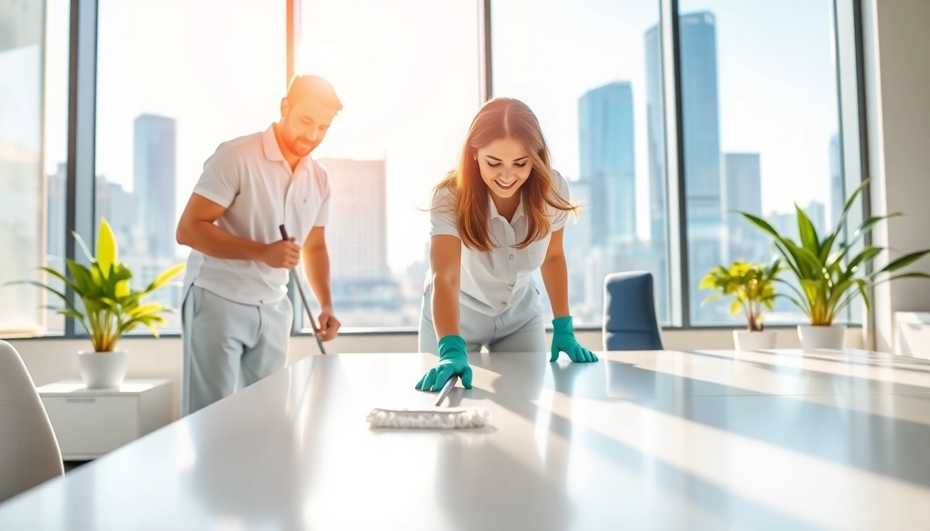 Expert cleaners performing office cleaning Melbourne services in a bright modern workspace.