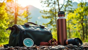 Travel gears arrayed attractively against nature, showcasing adventure essentials.