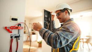 Electrician performing electrical service installation in a residential space, enhancing home safety.