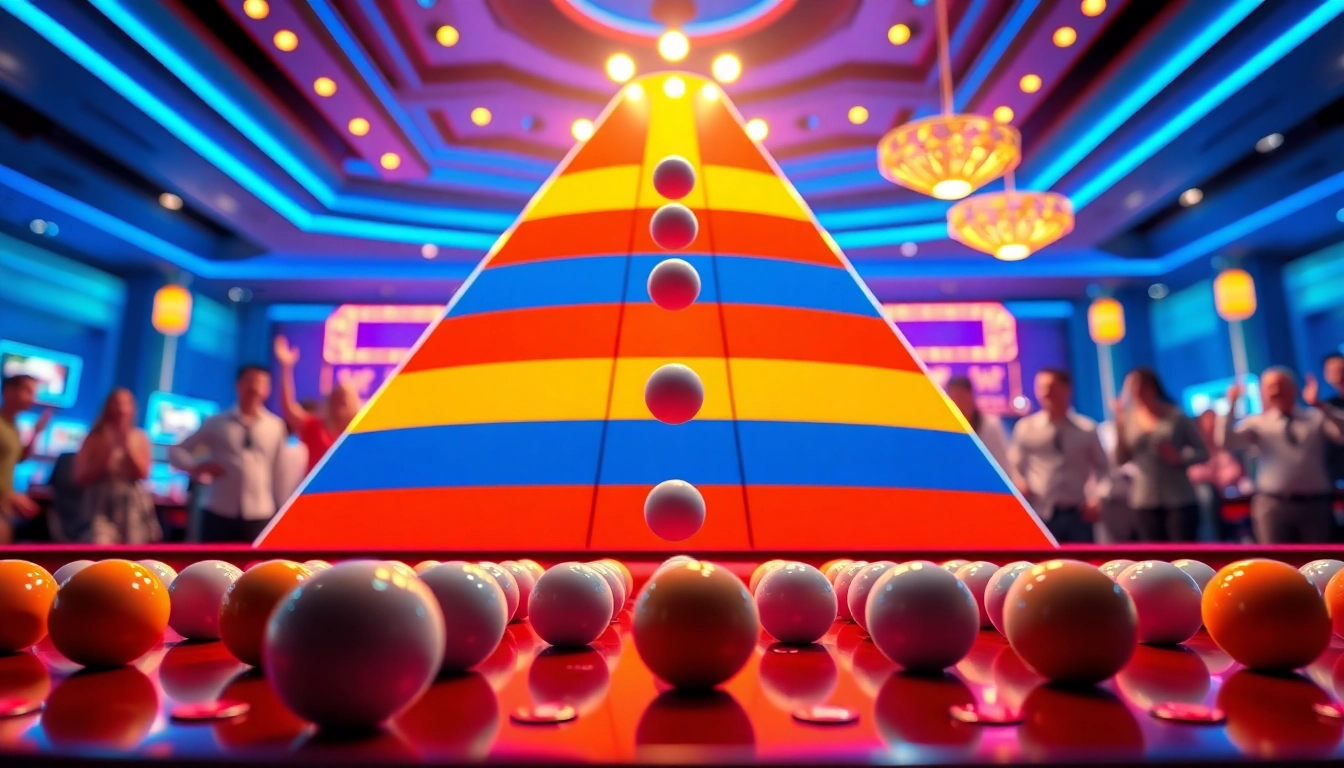 Setiap bola dalam permainan plinko slot menjatuhkan dengan penuh semangat di lingkungan kasino yang cerah.