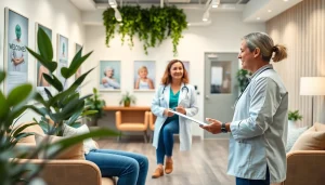 Engaging consultation at a health and weight loss clinic showcasing friendly interactions.