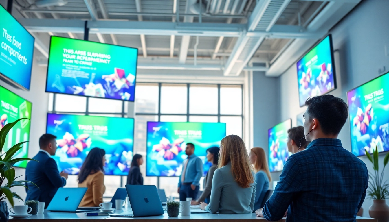 Engage with a Free signage platform for businesses showcasing vibrant digital displays in a modern office.
