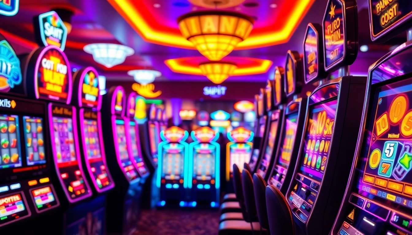 Jelajahi permainan slot dengan mesin slot berwarna-warni dan pemain yang meriah.