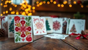 Highlighting A5 Xmas cards with vibrant designs on a rustic table, evoking festive cheer.